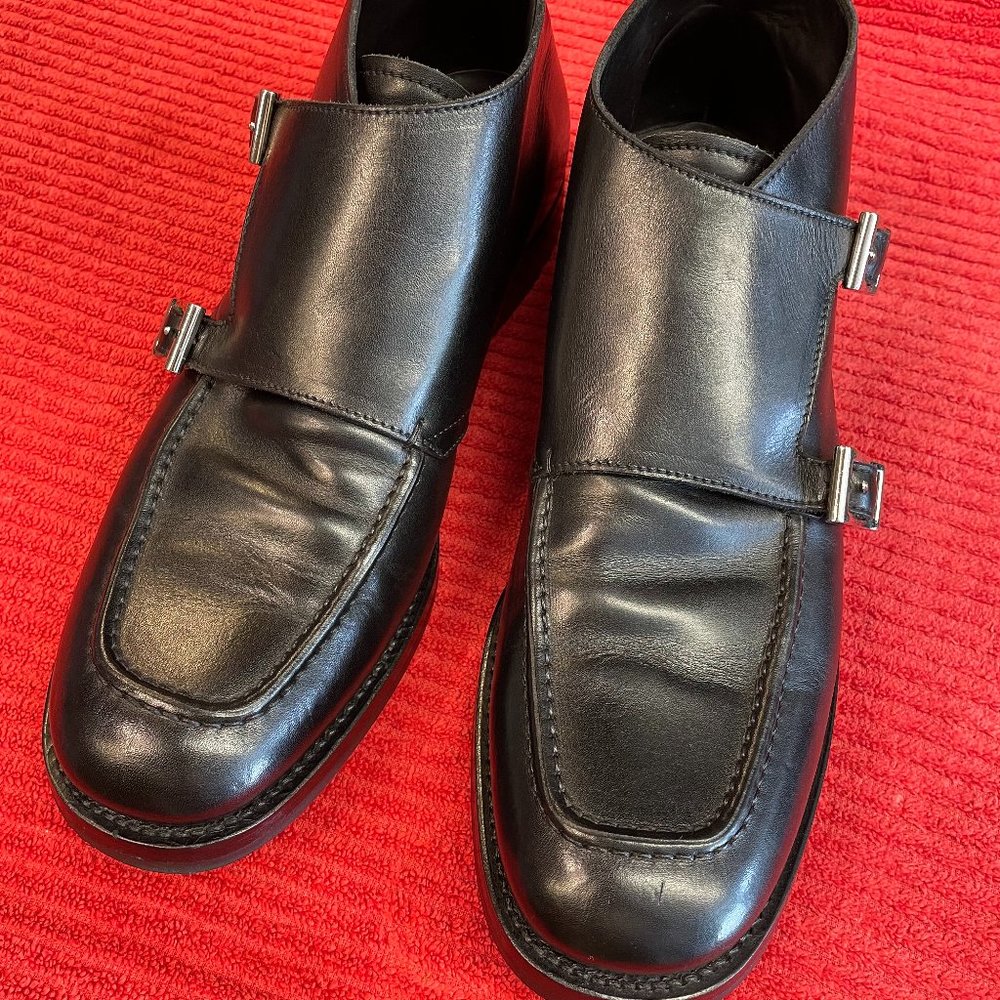 Prada Mens Buckle Boots Black Leather Mid Calf Round Toe Made In Italy